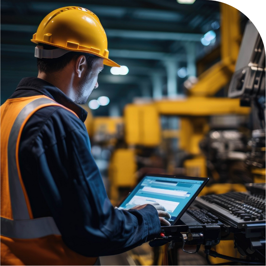 Professional in safety gear with tablet
